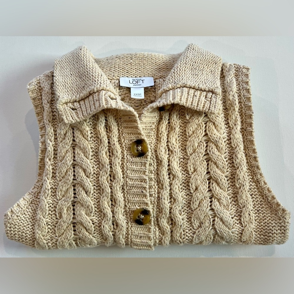 Ann Taylor LOFT Petite (medium) XXSP Cable Knit Mid Length Vest Cotton Wool - Picture 12 of 12